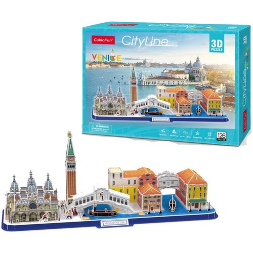 Pudełko puzzli 3D przedstawia model Wenecji z widocznymi budynkami i kanałami, a na opakowaniu znajduje się napis "CubicFun CityLine 3D Puzzle". Na dole pudełka widnieje informacja "126 Pieces" oraz ostrzeżenie "WARNING: Choking Hazard - Small Parts".