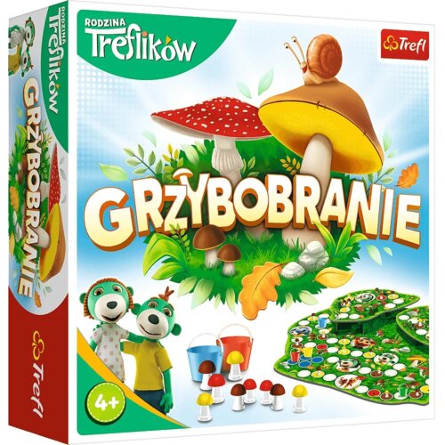Na zdjęciu znajduje się pudełko gry planszowej "Rodzina Treflików Grzybobranie" z ilustracją przedstawiającą duże grzyby, ślimaka oraz postacie z bajki. Widoczny jest także napis "Grzybobranie" oraz logo "Trefl" w prawym górnym rogu.