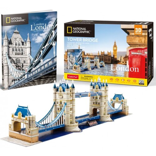 Na zdjęciu widoczne są dwa opakowania oraz złożony model 3D przedstawiający Tower Bridge. Na opakowaniach znajdują się napisy: "NATIONAL GEOGRAPHIC", "Londres London", "TOWER BRIDGE", "CubicFun", "WARNING: Choking hazard - small parts", oraz "120 PIECES".