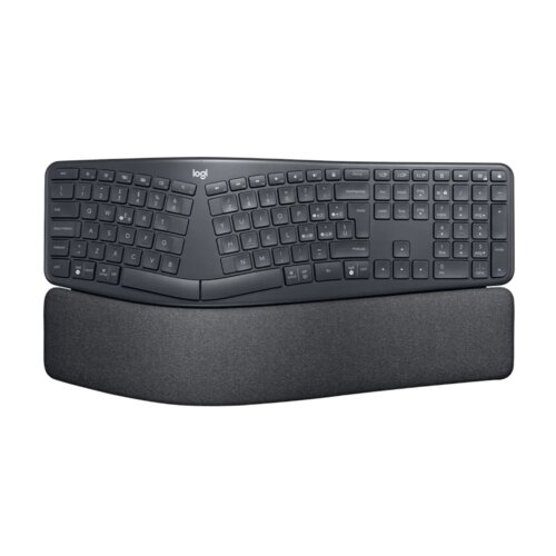 Czarna klawiatura ergonomiczna z wyraźnym logo "logi" na środku, posiada wyprofilowany kształt i podkładkę pod nadgarstki. Klawisze są rozmieszczone w dwóch sekcjach, a na klawiaturze widoczne są standardowe oznaczenia liter i funkcji.