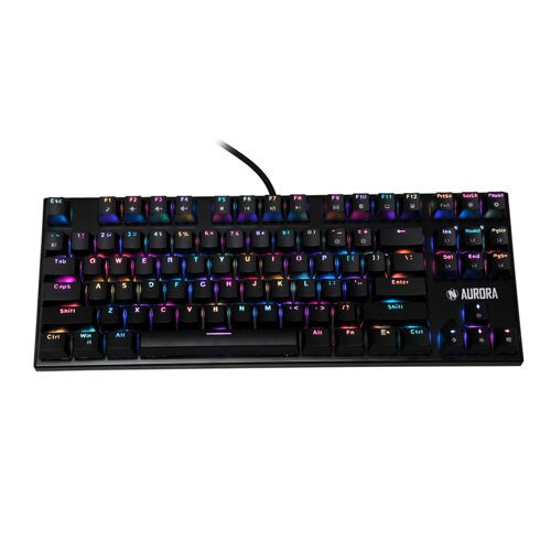 Czarna klawiatura mechaniczna z podświetleniem RGB, posiadająca pełny układ klawiszy, w tym klawisze funkcyjne od F1 do F12 oraz logo "Aurora" w prawym dolnym rogu. Każdy klawisz jest podświetlony w różnych kolorach, tworząc efekt tęczy.