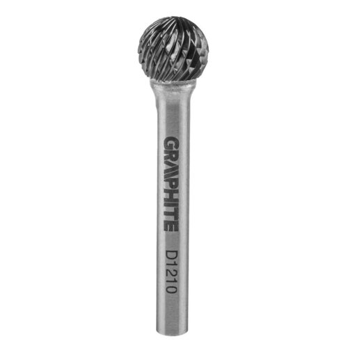 Na zdjęciu widoczny jest frez z kulistą głowicą i metalowym trzonkiem, na którym znajduje się napis "GRAPHITE D1210". Głowica frezu ma spiralne rowki.