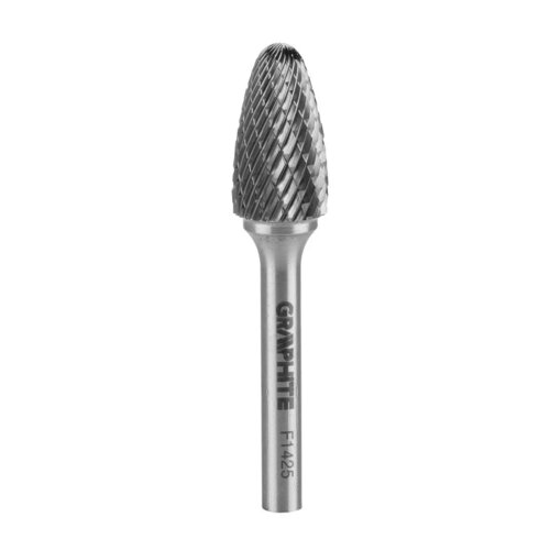 Na zdjęciu widoczny jest frez o stożkowym kształcie z metalowym trzonkiem, na którym znajduje się napis "GRAPHITE F1425". Powierzchnia frezu ma wyraźne, spiralne rowki.