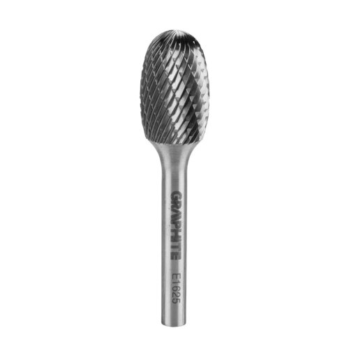 Na zdjęciu widoczny jest metalowy frez o cylindrycznym kształcie z wyraźnym wzorem nacięć na powierzchni. Na trzonku znajduje się napis "GRAPHITE" oraz oznaczenie "E1625".
