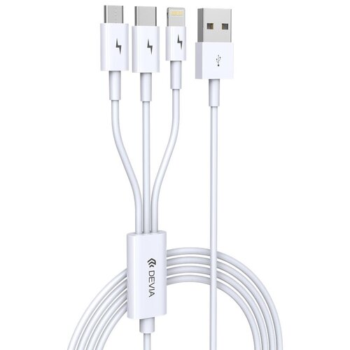 Biały kabel z trzema różnymi końcówkami: Micro USB, USB-C i Lightning, oraz standardowym złączem USB. Na rozdzielaczu kabli widoczne jest logo "DEVIA".