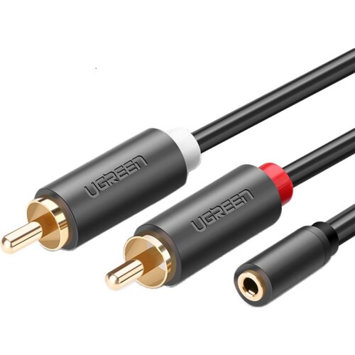 Czarny kabel z końcówkami Jack 3.5 mm i 2x RCA, z widocznymi złotymi wtykami oraz napisami "UGREEN" na obudowach. Jeden z wtyków RCA ma białą, a drugi czerwoną opaskę.