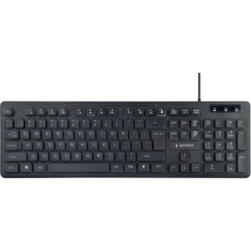 Czarna klawiatura z układem QWERTY, posiadająca klawisze funkcyjne od F1 do F12 oraz sekcję numeryczną po prawej stronie. Na klawiaturze widoczne jest logo "gembird".