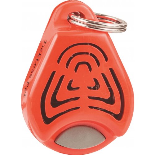 Pomarańczowy odstraszacz kleszczy dla zwierząt w kształcie łezki z metalowym kółkiem do zawieszenia. Na boku widoczny napis "Tickless Pet".