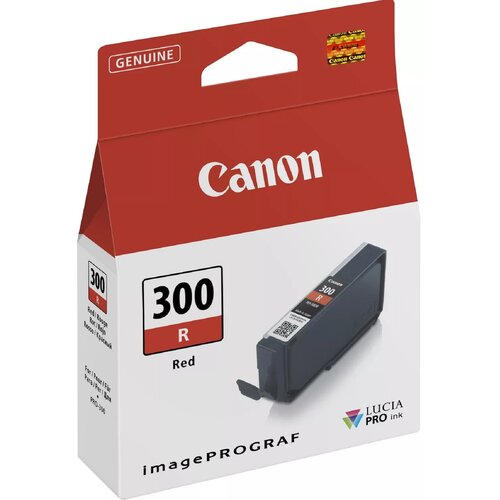 Opakowanie tuszu Canon w kolorze czerwonym z oznaczeniem "300 R" oraz logo "Lucia Pro Ink" i "imagePROGRAF". Na górze widnieje napis "Genuine" oraz małe logo "Canon Genuine" w rogu.