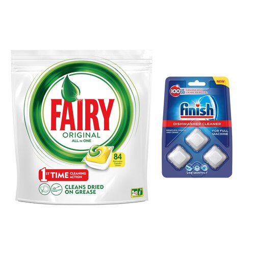 Kapsułki do zmywarek FAIRY Original All In One Lemon - 84 szt. + Kapsułki do czyszczenia zmywarki FINISH - 3 szt.