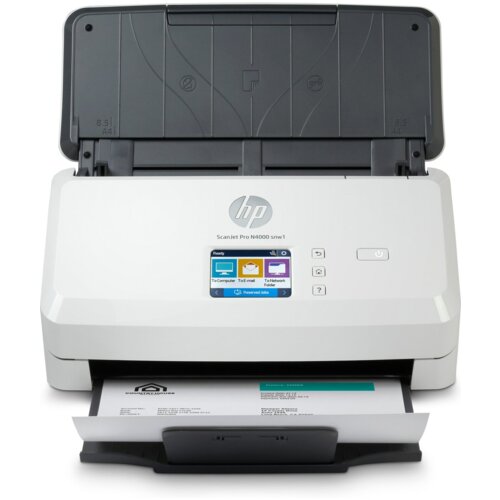 Biały skaner z otwartą pokrywą, na której widnieje logo "hp" oraz napis "ScanJet Pro N4000 snw1". Na panelu sterowania znajduje się kolorowy ekran z ikonami: "To Computer", "To E-mail", "To Network Folder" oraz przyciski funkcyjne.