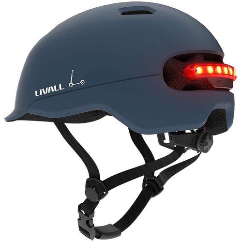 Niebieski kask z lampką, z widocznym logo "LIVALL" oraz symbolem hulajnogi, posiada regulowane paski i czerwone światło z tyłu.