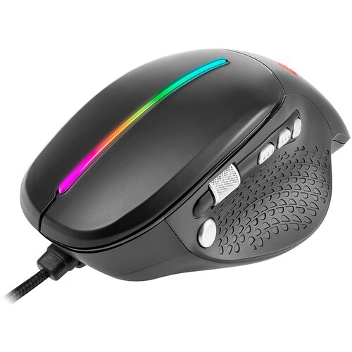 Czarna mysz komputerowa z podświetleniem RGB wzdłuż górnej części obudowy, które przechodzi przez kolory różowy, pomarańczowy, zielony i niebieski. Na boku myszki znajdują się trzy przyciski oraz teksturowana powierzchnia dla lepszego chwytu.