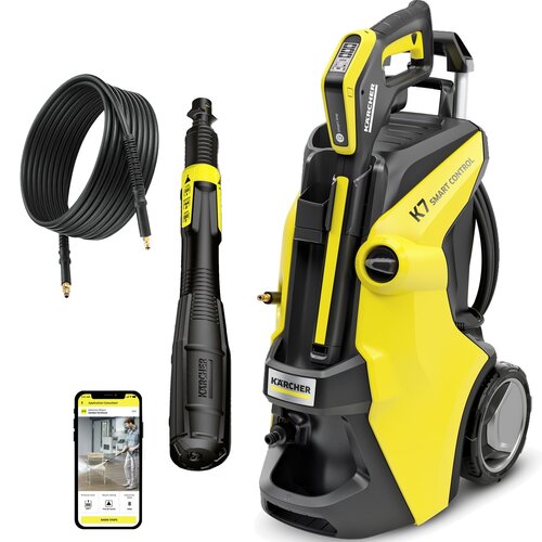 Na zdjęciu znajduje się myjka ciśnieniowa w kolorze żółto-czarnym z napisem "KARCHER K7 Smart Control" oraz wąż i pistolet natryskowy. Obok widoczny jest ekran smartfona z aplikacją do sterowania myjką.