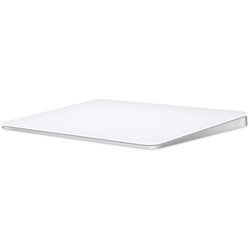 Biały, prostokątny touchpad o gładkiej powierzchni i lekko nachylonym profilu. Produkt ma minimalistyczny design z zaokrąglonymi krawędziami.