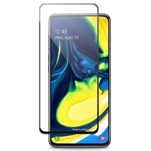 Na zdjęciu widoczny jest smartfon z kolorowym, abstrakcyjnym tłem na ekranie, na którym wyświetlana jest data "12:45 Wed, April 10" oraz napis "Swipe to unlock". Przed ekranem umieszczone jest przezroczyste szkło ochronne, które jest lekko uniesione nad p
