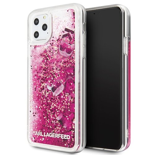 Przezroczyste etui na telefon z różowym brokatem i pływającymi ozdobami, w tym gwiazdkami i okularami, znajduje się na iPhone 11 Pro Max. Na dole etui widnieje napis "KARL LAGERFELD".