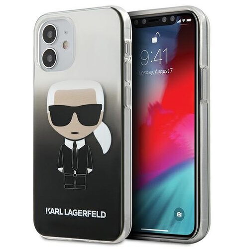Etui na telefon przedstawia postać w okularach przeciwsłonecznych i garniturze, z białymi włosami spiętymi w kucyk, na tle gradientu przechodzącego z białego do czarnego. Na dole etui znajduje się napis "KARL LAGERFELD".