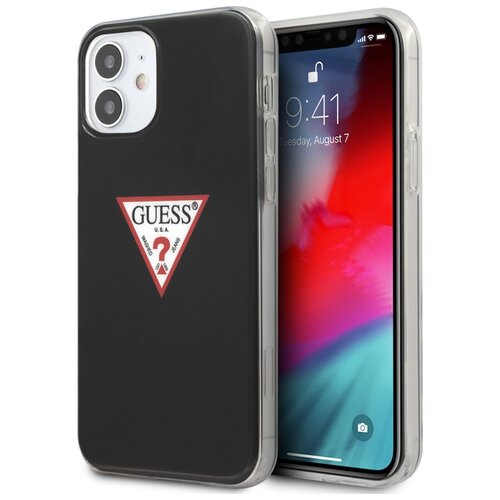 Czarne etui na telefon z przezroczystymi bokami, ozdobione czerwonym trójkątnym logo z napisem "GUESS U.S.A" oraz symbolami "?" i "Jeans". Obok etui znajduje się telefon z wyświetlaczem pokazującym godzinę 9:41 i datę "Tuesday, August 7".