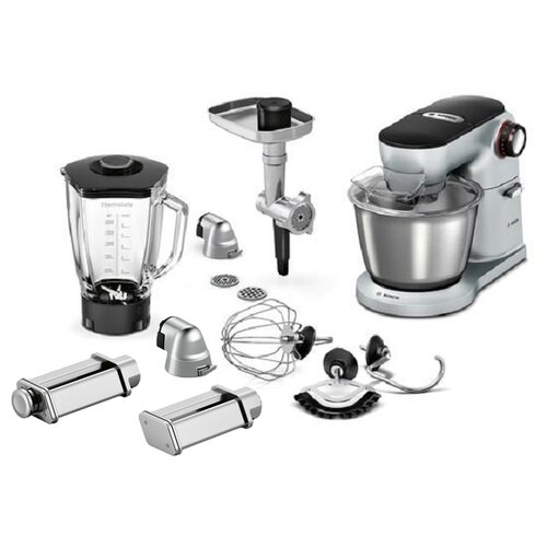 Robot kuchenny planetarny BOSCH MUM9B34S27 Optimum 1400W z blenderem kielichowym, maszynką do mięsa + zestaw do makaronu BOSCH MUZ9PP1 do robotów Optimum MUM9