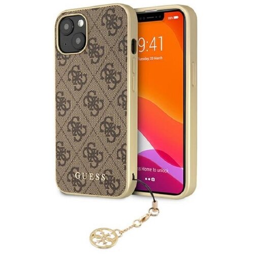 Brązowe etui na telefon z kolekcji GUESS 4G Charms Collection, ozdobione wzorem z logo 4G i napisem "GUESS" w dolnej części. Etui posiada złoty brelok z zawieszką, a na ekranie telefonu widoczna jest godzina 9:41 oraz data "Tuesday, 20 March".
