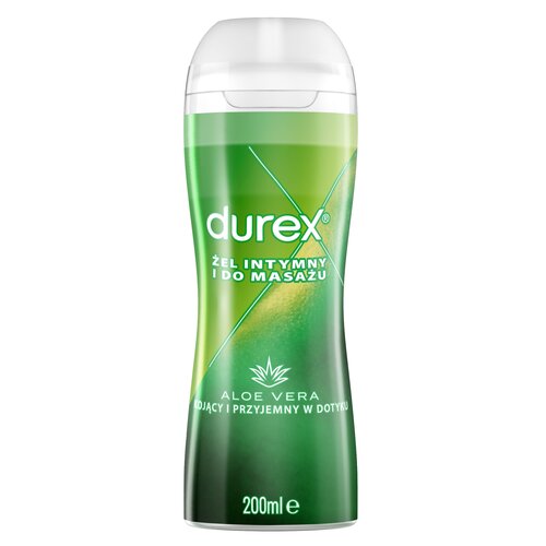 Butelka żelu intymnego i do masażu marki Durex o pojemności 200 ml, z zieloną etykietą zawierającą napis "Żel intymny i do masażu" oraz "Aloe Vera kojący i przyjemny w dotyku". Na etykiecie widoczne jest również logo Durex oraz symbol aloesu.