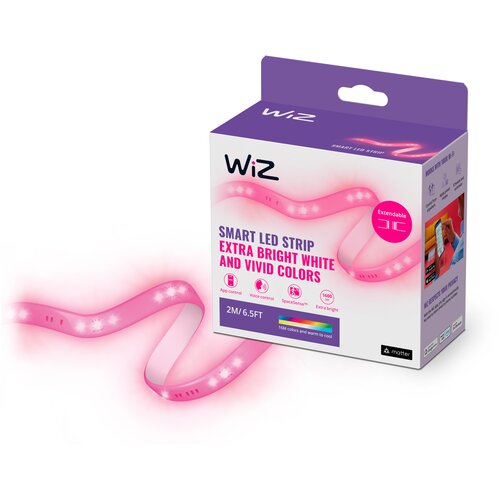 Opakowanie produktu z napisem "WiZ SMART LED STRIP EXTRA BRIGHT WHITE AND VIVID COLORS" oraz informacjami o długości "2M/6.5FT". Widoczna jest różowa taśma LED oraz ikony wskazujące na sterowanie aplikacją, głosem, funkcję SpaceSense™ i jasność 1600 lm.