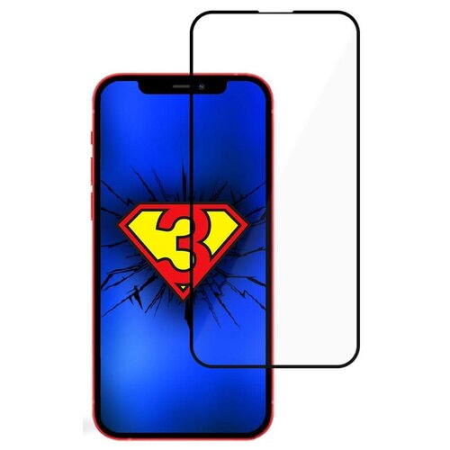 Na zdjęciu widoczny jest smartfon z czerwonym obramowaniem, na ekranie którego znajduje się niebieskie tło z żółto-czerwonym logo przypominającym literę "S" z cyfrą "3" w środku. Obok telefonu umieszczone jest przezroczyste szkło hartowane, które ma czarn