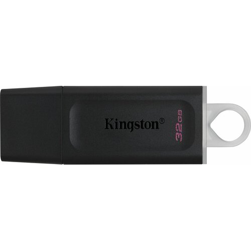 Czarny pendrive z logo "Kingston" na obudowie oraz oznaczeniem pojemności "32GB" w różowym kolorze. Posiada biały uchwyt na końcu.