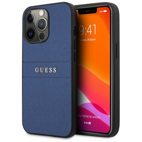 Na zdjęciu widoczne jest niebieskie etui na telefon z napisem "GUESS" na tylnej części. Obok etui znajduje się telefon z wyświetlaczem pokazującym godzinę 9:41 oraz datę "Tuesday, 20 March".