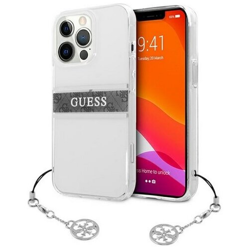 Etui GUESS 4G Stripe Grey Charm do Apple iPhone 13 Pro Przezroczysty