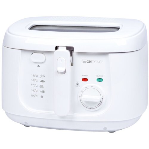Biała frytownica z pokrętłem do regulacji temperatury, oznaczeniami temperatur od 150°C do 190°C oraz dwoma kontrolkami: czerwoną "POWER" i zieloną "HEATING". Widoczne jest logo "Clatronic" na obudowie.