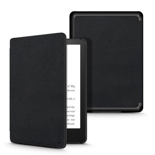 Czarne etui na Kindle Paperwhite 5/Signature Edition TECH-PROTECT SmartCase, widoczne z przodu i z tyłu, z otwartą okładką ukazującą fragment tekstu na ekranie. Na dolnej części okładki znajduje się logo "TECH-PROTECT".