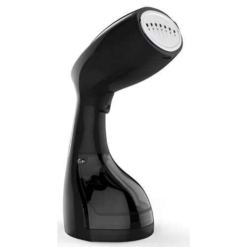 Na zdjęciu znajduje się czarna parownica do ubrań o nowoczesnym designie, z widoczną białą dyszą parową z otworami. Urządzenie ma ergonomiczny kształt, a na jego powierzchni nie ma widocznych napisów ani logo.