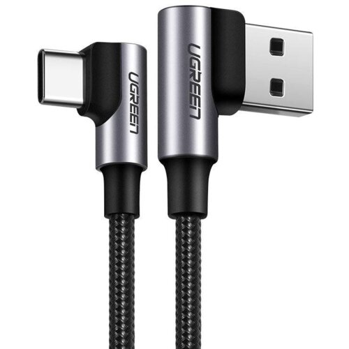 Na zdjęciu widoczny jest szary kabel kątowy USB - USB-C z plecionym oplotem, z logo "UGREEN" na obu końcówkach. Końcówki kabla mają metaliczne wykończenie, a jedna z nich jest typu USB-C, druga USB.