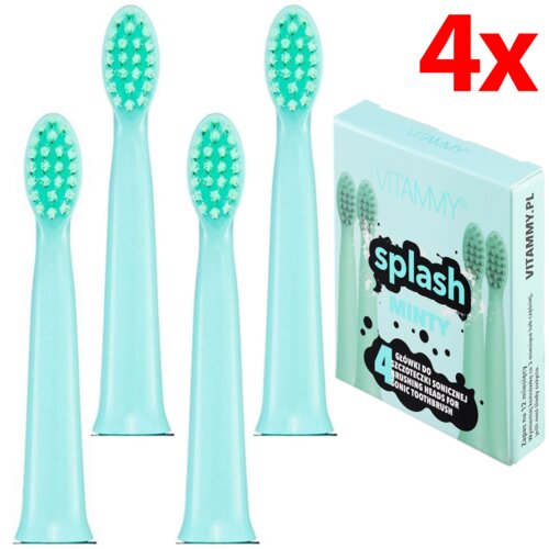 Na zdjęciu widoczne są cztery miętowe końcówki do szczoteczki oraz opakowanie z napisem "VITAMMY splash MINTY 4 GŁÓWKI DO SZCZOTECZKI SONICZNEJ BRUSHING HEADS FOR SONIC TOOTHBRUSH". W prawym górnym rogu znajduje się duży czerwony napis "4x".