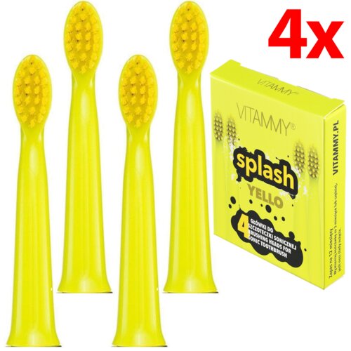 Na zdjęciu widoczne są cztery żółte końcówki do szczoteczki oraz opakowanie z napisem "VITAMMY splash YELLO 4 GŁÓWKI DO SZCZOTECZKI SONICZNEJ". W prawym górnym rogu znajduje się duży czerwony napis "4x".