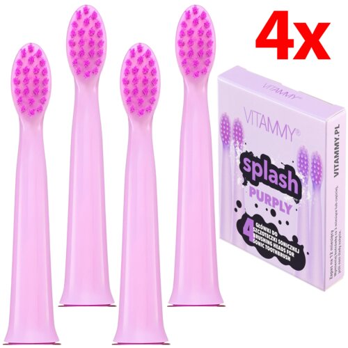 Na zdjęciu widoczne są cztery fioletowe końcówki do szczoteczki sonicznej oraz opakowanie z napisem "VITAMMY splash PURPLY 4 GŁÓWKI DO SZCZOTECZKI SONICZNEJ BRUSHING HEADS FOR SONIC TOOTHBRUSH". W prawym górnym rogu znajduje się duży czerwony napis "4x".