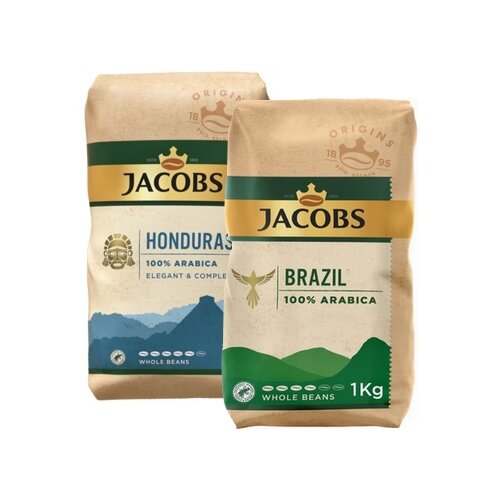 Zestaw kaw ziarnistych JACOBS Origins Brazil Arabica 1 kg + JACOBS Origins Honduras Arabica 1 kg.