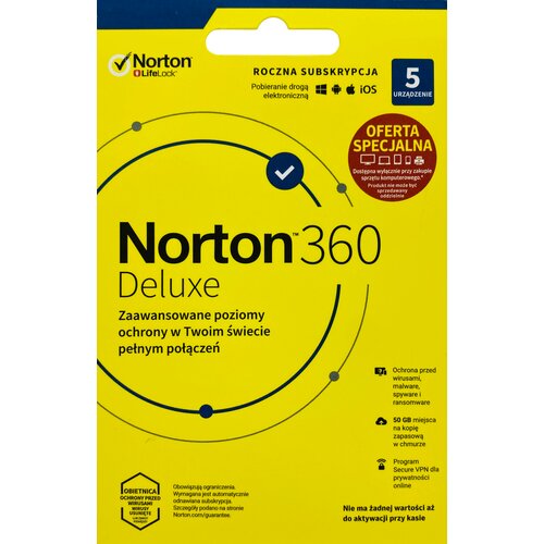 Antywirus NORTON 360 Deluxe 50GB 5 URZĄDZEŃ 1 ROK Kod aktywacyjny