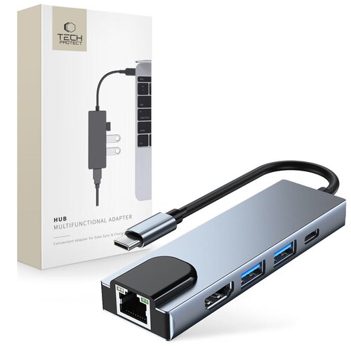 Stacja dokująca TECH-PROTECT V3-HUB 5w1 USB Typu C, Pasywna Szary