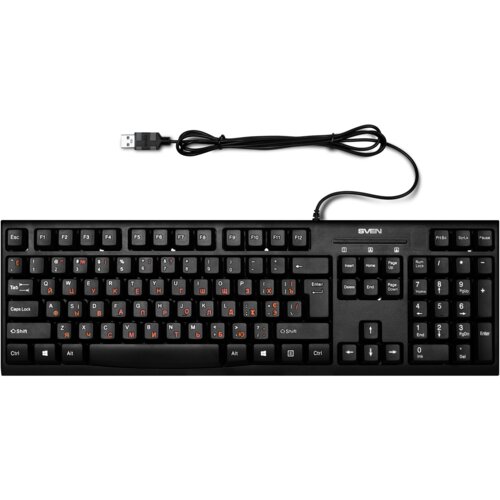 Na zdjęciu widoczna jest czarna klawiatura z układem klawiszy QWERTY oraz cyrylicą, z podłączonym kablem USB. Na obudowie klawiatury znajduje się logo "SVEN".