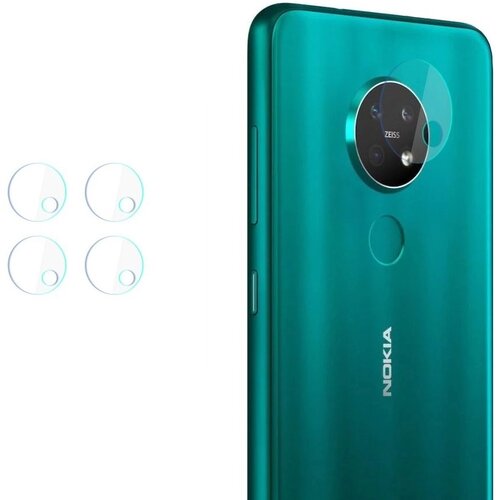 Na zdjęciu widoczny jest zielony telefon Nokia z okrągłym modułem aparatu, na którym umieszczono szkło ochronne z napisem "ZEISS". Obok telefonu znajdują się cztery okrągłe szkła ochronne na obiektyw.