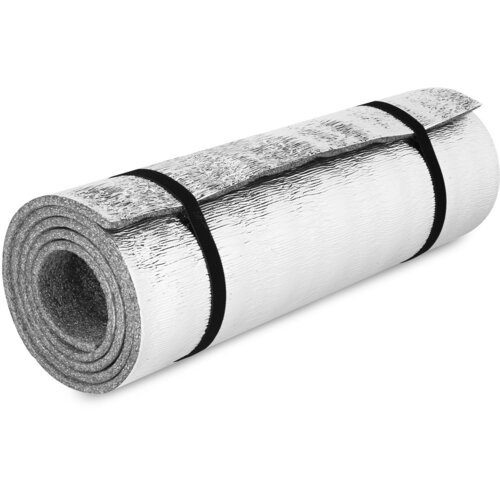 Rolowana karimata w kolorze srebrno-szarym, zabezpieczona dwoma czarnymi paskami. Powierzchnia karimaty ma teksturę przypominającą folię aluminiową.