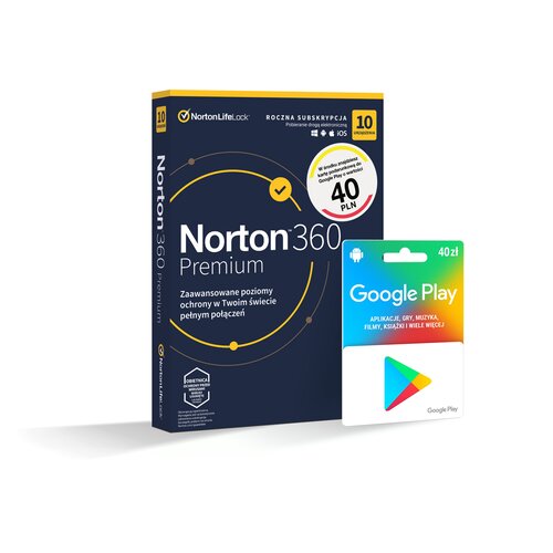 Antywirus NORTON 360 Premium 75GB 10 URZĄDZEŃ 1 ROK Kod aktywacyjny + Google Play 40 PLN