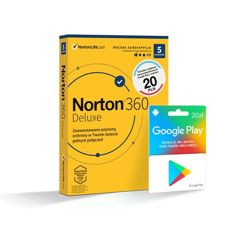 Antywirus NORTON 360 Deluxe 50GB 5 URZĄDZEŃ 1 ROK Kod aktywacyjny + Google Play 20 PLN