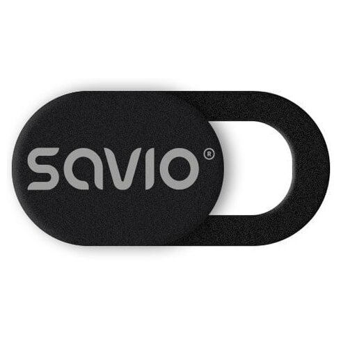 Czarna zaślepka kamery z widocznym logo "SAVIO" w kolorze szarym. Produkt ma owalny kształt z przesuwanym elementem.