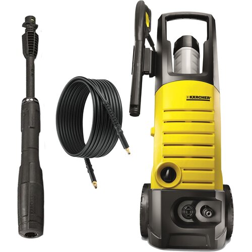 Żółta myjka ciśnieniowa z czarnymi elementami, obok której znajdują się czarna lanca i zwinięty wąż. Na myjce widoczne jest logo "KARCHER".