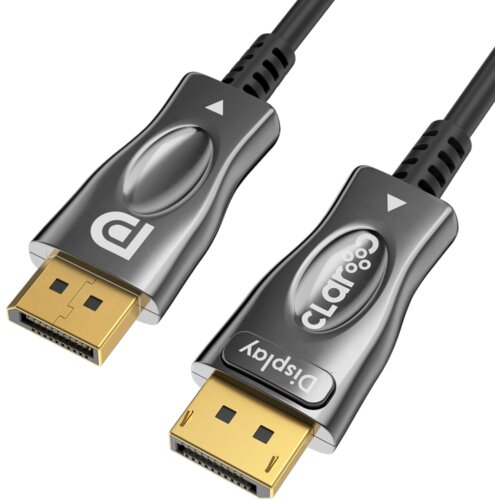 Na zdjęciu widoczny jest kabel optyczny z dwoma złączami DisplayPort, na których znajdują się napisy "claroo" i "Display". Złącza mają metaliczne obudowy z wyraźnym logo i strzałkami wskazującymi kierunek podłączenia.