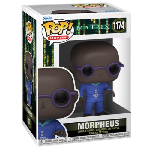 Pudełko z figurką winylową przedstawiającą postać z filmu, z widocznym napisem "POP! MOVIES" oraz "MORPHEUS" na froncie. W tle opakowania znajduje się wzór przypominający kod komputerowy z napisem "MATRIX" i numerem "1174".